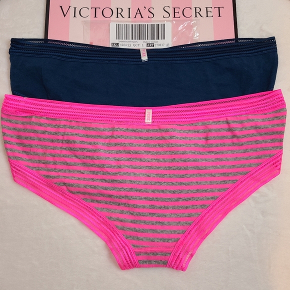 Y2K VS PINK 2pk Cotton Lace Extra Low Rise Hipster Panties Size Lg Pink Blue - Picture 3 of 7